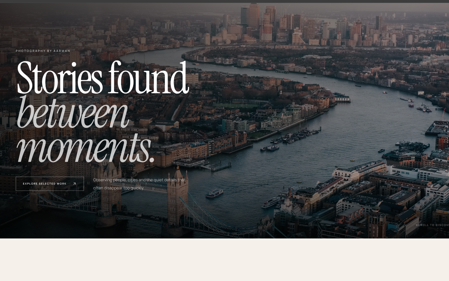 Aarman Photos photography portfolio homepage featuring London city photography