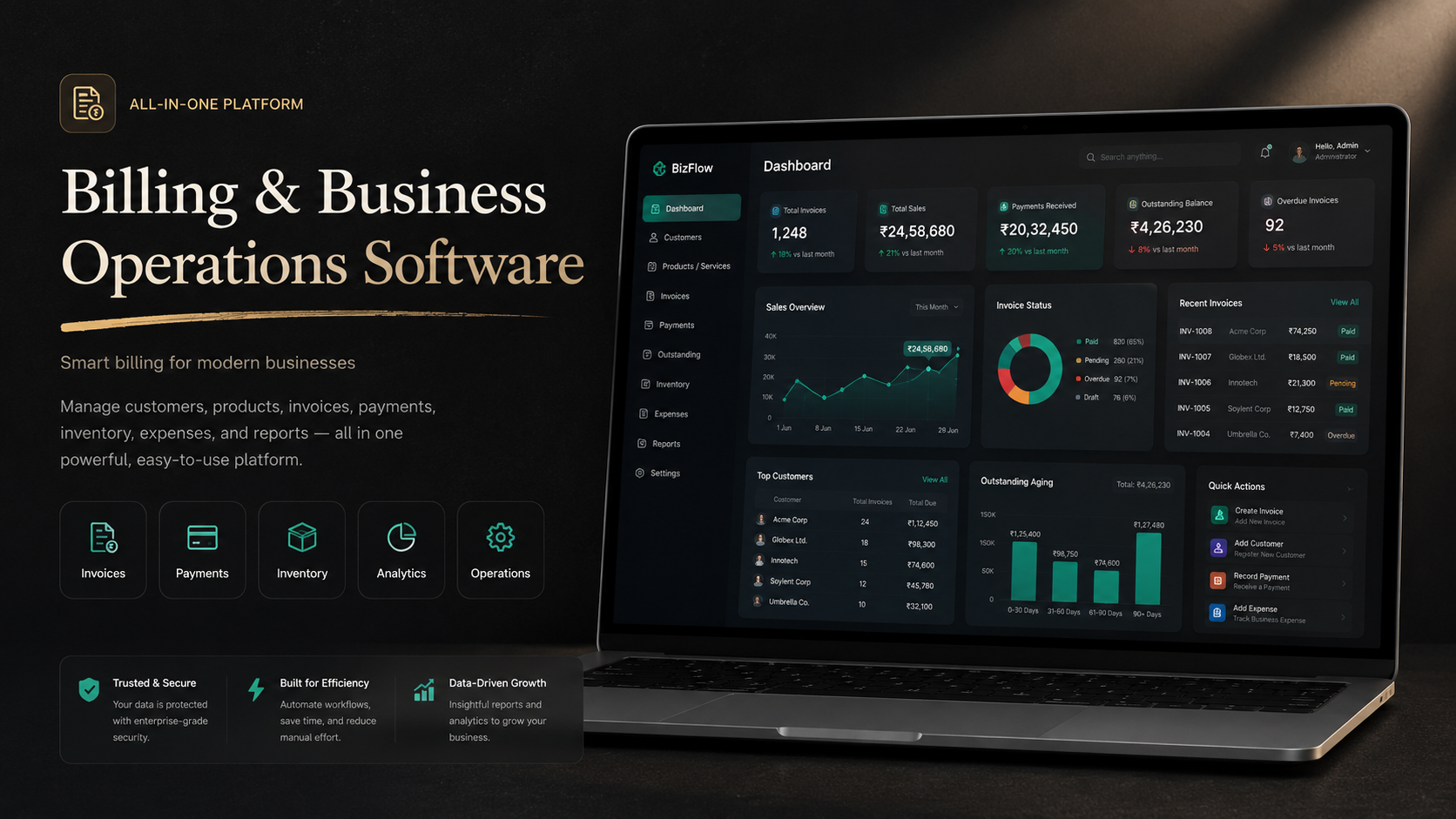 Billing and Business Operations Software dashboard concept for an in-development small-business platform